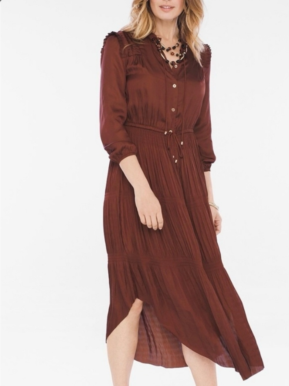 Chico's Chocolate Brown Button-Front Maxi Dress with Drawstring Waist